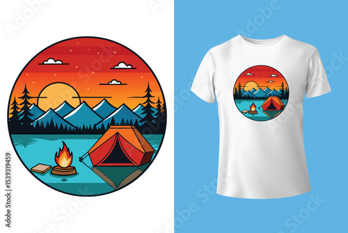 Adirondack Mountains. The great outdoor. Take a hike vector print design. Wild lake artwork for posters, stickers, background and others. Outdoor vibes illustration. Mountain camping art.