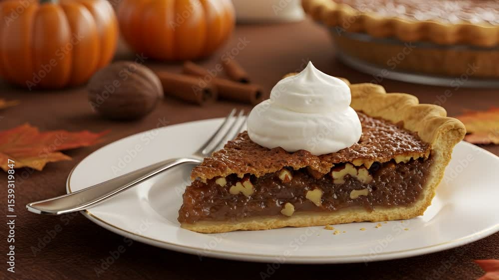 Pecan pie slice with whipped cream Pecan pie slice with whipped cream