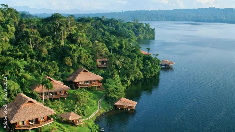 Lakeside bungalows nestled in lush rainforest Lakeside bungalows nestled in lush rainforest