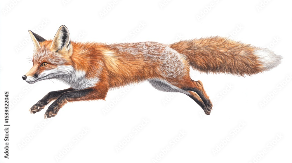Fototapeta premium Red Fox in Flight against White Background. Possible use Educational materials, wildlife calendars, or wallpaper