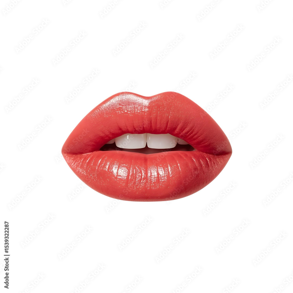 Obraz premium Glossy red lips with white teeth on white background