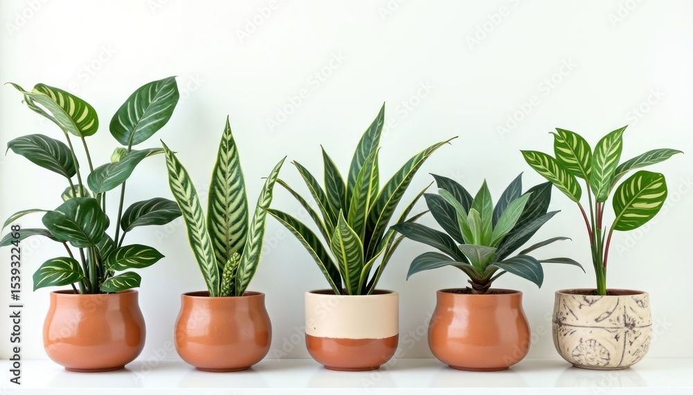 A row of potted houseplants in various varieties. A row of potted houseplants in various varieties.