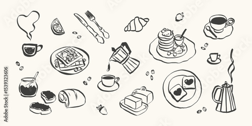 Whimsical breakfast doodles. Italian food with la dolce vita aesthetic in simple crayon and sketch style. Trendy art for menus and dinner brunch invitations. Coquette vector illustration