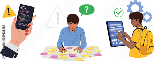 Vector illustration showing identifying issues, developing a problem-solving plan, and implementing fixes with visual UI elements.