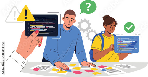 Vector illustration showing identifying issues, developing a problem-solving plan, and implementing fixes with visual UI elements.