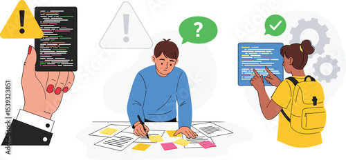 Vector illustration showing identifying issues, developing a problem-solving plan, and implementing fixes with visual UI elements.