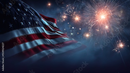 American flag waving with fireworks lighting up the background sky, Patriotic Atmosphere 