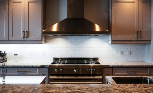 A sleek stainless steel stovetop and range hood dominate the kitchen space flanked by pristine white and grey cabinets and a sophisticated granite countertop creating a modern and elegant culinary hav