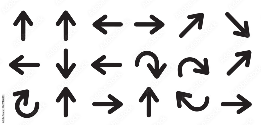 A collection of various black arrow symbols pointing in different directions on a white background A collection of various black arrow symbols pointing in different directions on a white background