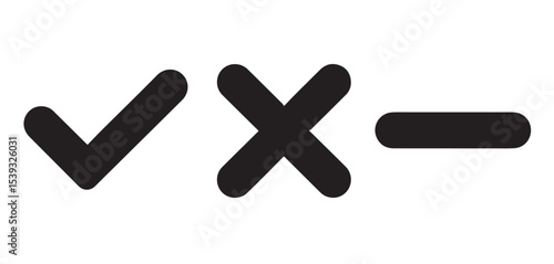 A simple illustration of a check mark, cross mark, and minus sign in a horizontal arrangement