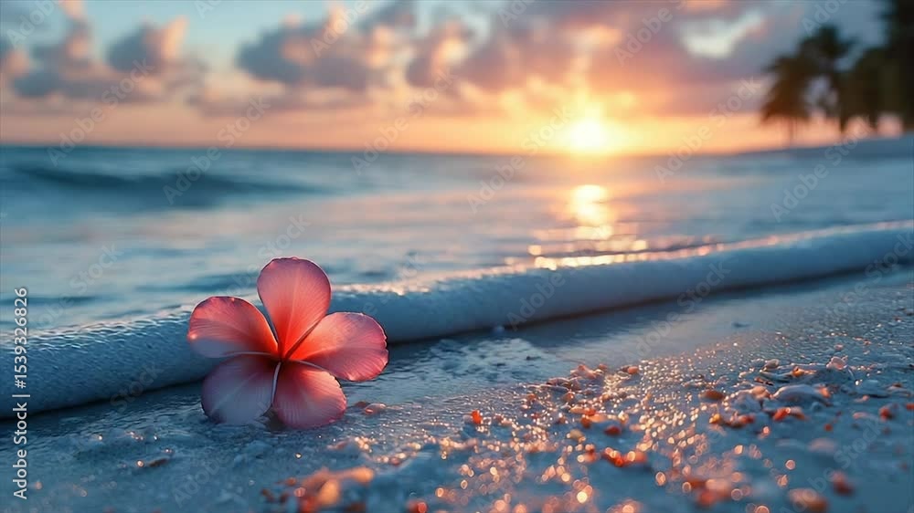 Pink flower on sandy beach at sunset Pink flower on sandy beach at sunset