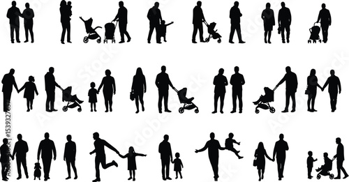 Black and White Silhouette Illustration of Families and Social Interactions in Grid Layout