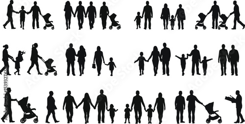 Black and White Silhouette Illustration of Families and Social Interactions in Grid Layout