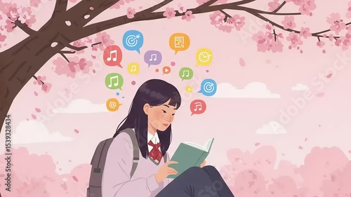 Girl reading under a cherry blossom tree