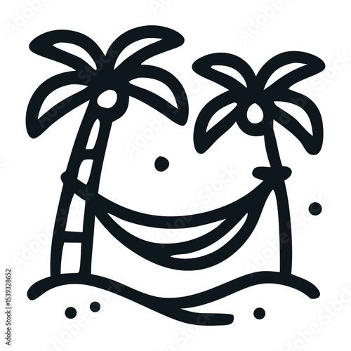 Simple line drawing of a hammock between two palm trees on a beach. Suitable for travel brochures, relaxation ads, or tropical themed designs.