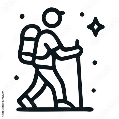 Illustration of a backpacker trekking under a starry night. Suitable for nature tourism or adventure themed designs. Perfect for travel brochures or outdoor gear advertisements.