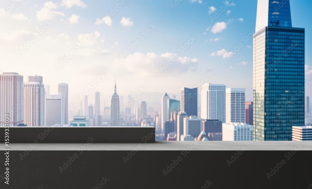 Fototapeta premium A sleek cement shelf rests against a blurred backdrop of urban skyscrapers creating a minimalist and modern display space for showcasing products against the backdrop of a dynamic and bustling city
