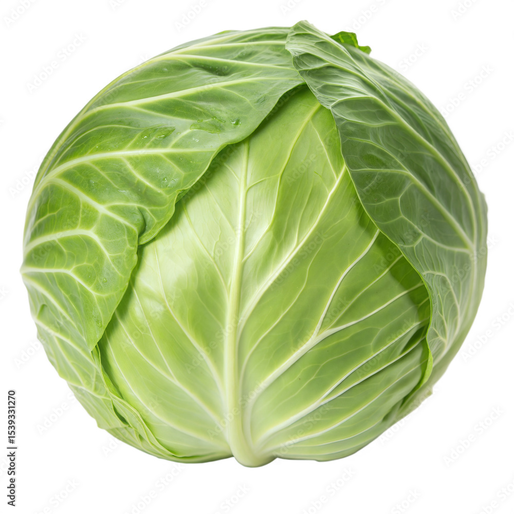 Fototapeta premium Fresh green head of cabbage isolated on transparent background.