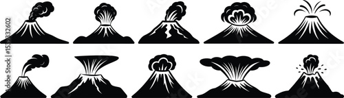 Dramatic Volcano Eruption and Mountain Silhouettes with Smoke and Lava, Ideal for Nature and Disaster Designs