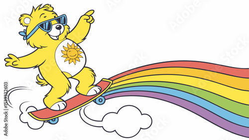 Vector sunshine bear skateboarding on a rainbow vector illustration for kids and care bears fans design 100