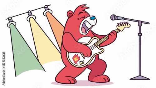 Vector rockstar bear playing electric guitar on stage with microphone and stage lights performance cartoon art