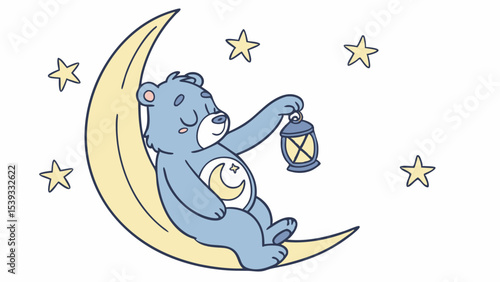 Vector cute bear sleeping on moon with lantern illustration for kids room decor and nursery art design ideas