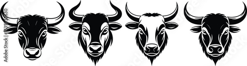 Powerful Bull and Ox Head Silhouettes with Horns, Ideal for Agriculture, Farm, and Wildlife Animal Designs