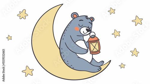 Vector cute sleeping bear on moon with lantern vector illustration for kids nursery decor and baby shower design