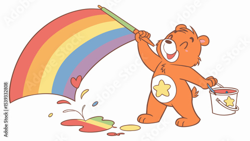 Vector cute orange care bear painting rainbow with paint bucket and brush cartoon illustration for kids and art lovers