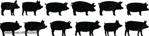 Farm Pig and Hog Silhouettes in Various Poses, Ideal for Farm, Agriculture, Rural, and Livestock Designs