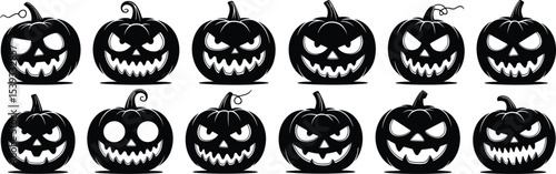 Spooky Jack-o'-Lantern Pumpkin Silhouettes with Scary Faces, Perfect for Halloween, Autumn, and Creepy Designs