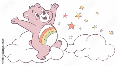 Vector pink care bear on cloud with rainbow belly and stars vector illustration for kids and nostalgia fans