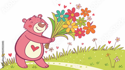 Vector illustration of a cute pink bear holding a colorful flower bouquet in a grassy field with hearts and path