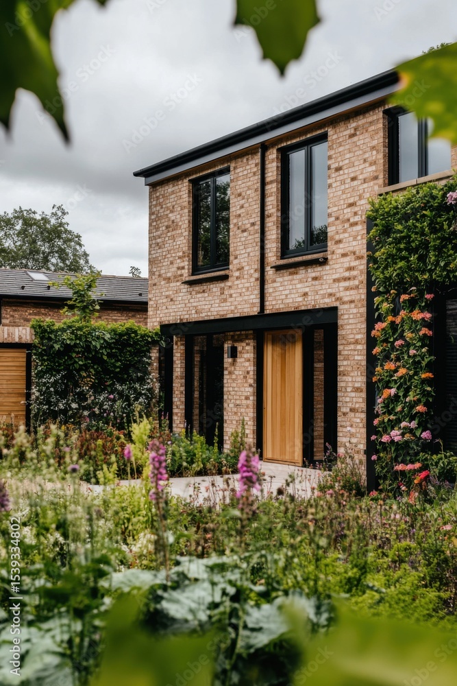 Fototapeta premium Modern brick house with large windows surrounded by lush garden, showcasing vibrant flowers and greenery during a cloudy day in a suburban area