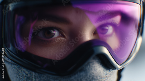 Skier gazing through purple lens goggles, winter sports close up