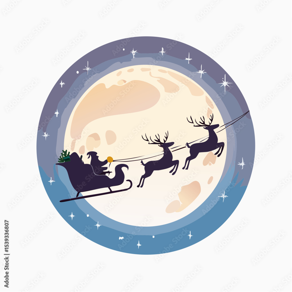 Obraz premium Minimalist vector of Santa Claus riding his sleigh across the night sky with reindeer and a full moon in the background