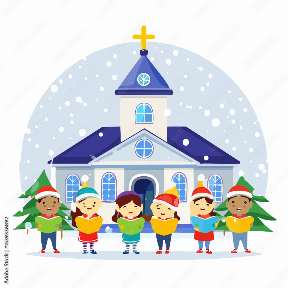 Fototapeta premium Flat vector of children singing Christmas carols in front of a church with a cross lit up on top, snow gently falling
