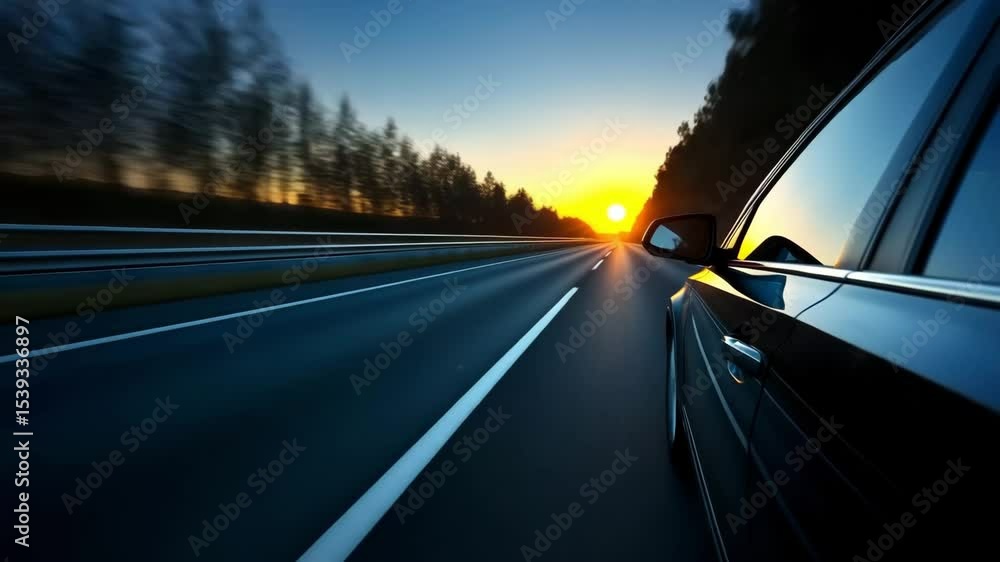 A fast car travels down a highway at sunset with motion blur reflecting on its side. Concept of freedom and dynamic road adventure. A fast car travels down a highway at sunset with motion blur reflecting on its side. Concept of freedom and dynamic road adventure.