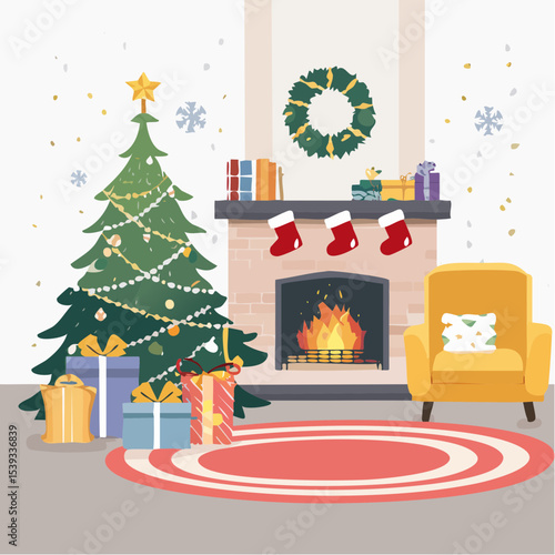 Flat vector illustration of a cozy Christmas living room with a decorated tree, fireplace, stockings, and presents under the tree