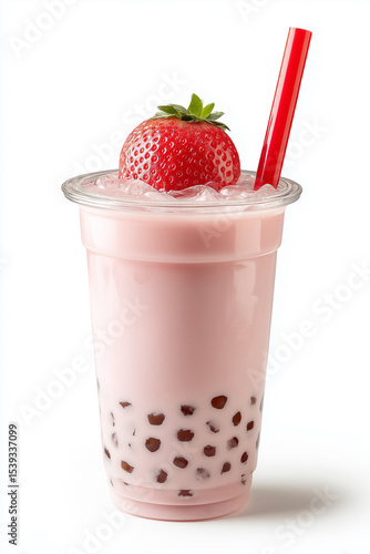 Plastic glass of refreshing iced bubble tea with strawberry and red straw