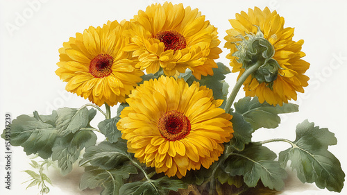 Yellow gerbera flowers blooming with green leaves on white background