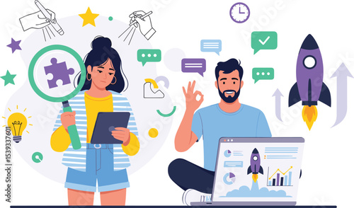 Illustration depicting the process of finding inspiration, identifying solutions, and launching a new business venture successfully.