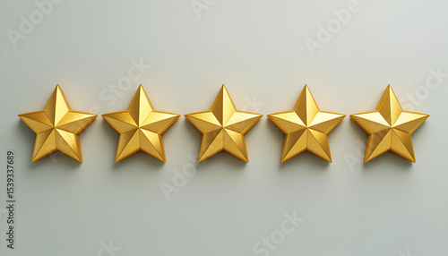 Five golden 3D stars in a row drepresenting high rating, award, excellence, and premium quality