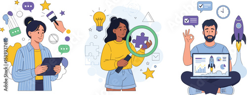 Illustration depicting the process of finding inspiration, identifying solutions, and launching a new business venture successfully.