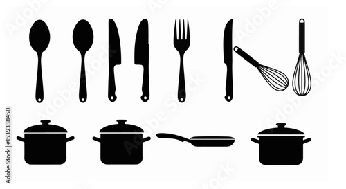 Black Silhouettes of Kitchen Utensils Spoons Forks Knives Pots Pans Whisk Cooking Tools