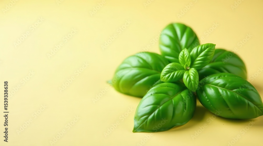 Vibrant Green Basil Leaves Arranged on a Pale Yellow Background, a Culinary Delight Vibrant Green Basil Leaves Arranged on a Pale Yellow Background, a Culinary Delight
