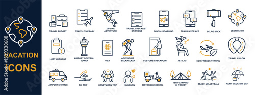 Vacation and Travel Line Art Icon Set – Adventure, Airport, Checklist, and More