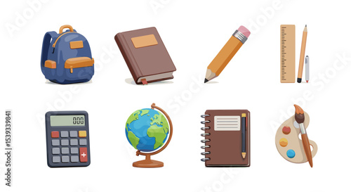 Depiction of school supplies including backpack and art supplies