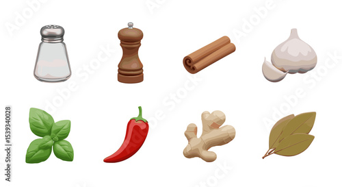 Illustration of various seasonings including spices and herbs arrayed
