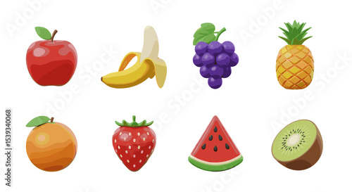 Arrangement of eight different types of fruit on a white background